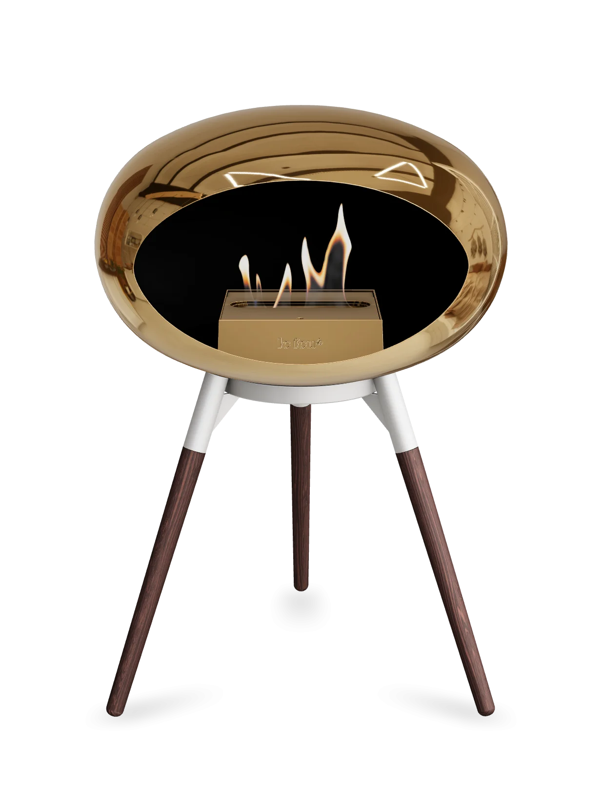 Stylish freestanding bioethanol fireplace with a chromed rose gold design and wooden legs for contemporary interiors.