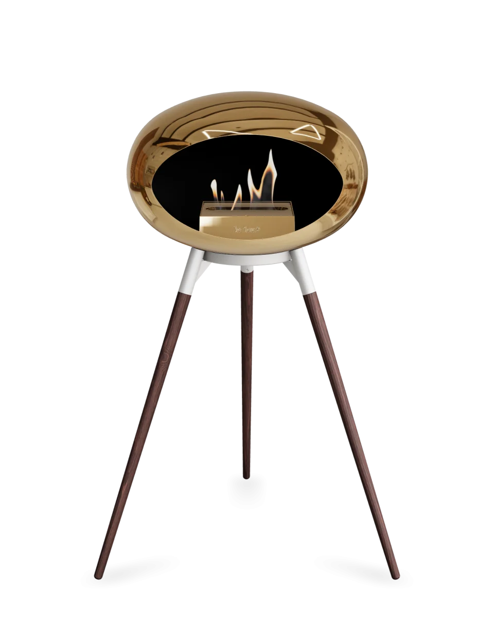 Freestanding Le Feu Dome Ground High bioethanol fireplace with chrome rose finish and wooden legs.