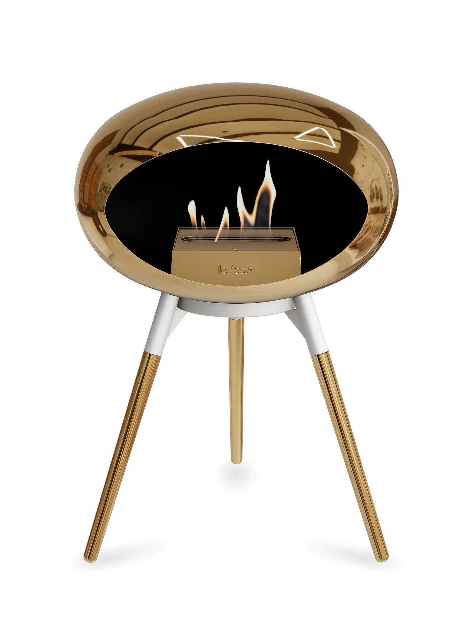 Freestanding Le Feu Dome Ground Low bioethanol fireplace in chromed rose gold, stylish and eco-friendly heating solution.