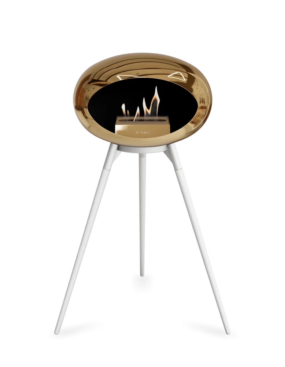 Freestanding bioethanol fireplace Le Feu Dome with chromed rose finish and stylish tripod legs.