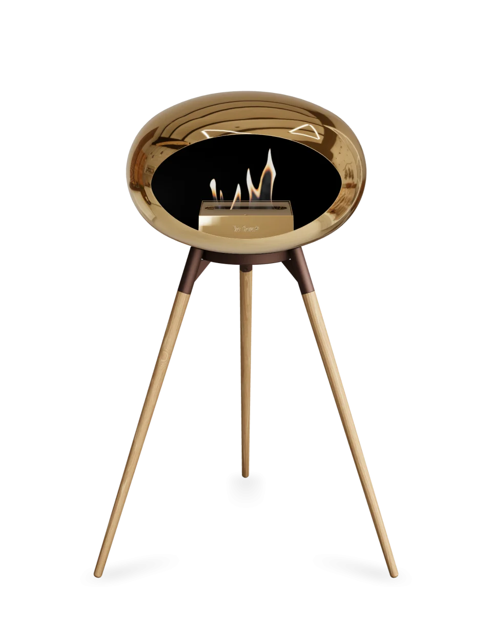 Freestanding Le Feu Dome Ground High Bioethanol Fireplace in chrome and rose design with wooden legs.