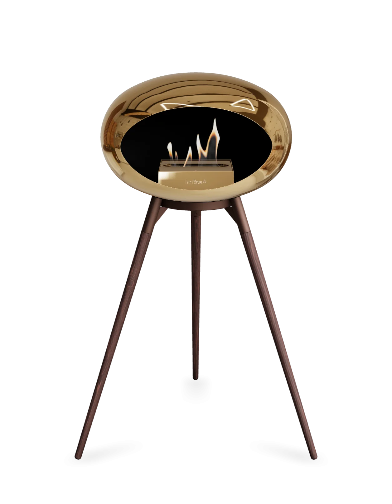 Freestanding bioethanol fireplace Le Feu Dome Ground High with chromed rose finish and wooden tripod legs.