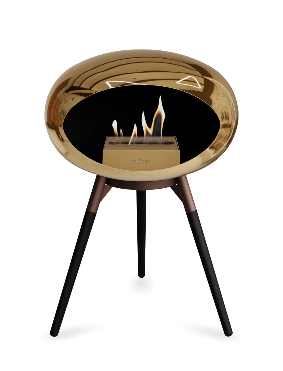 Le Feu Dome Ground Low bioethanol fireplace in chromed rose gold with flames, stylish and portable heat solution.