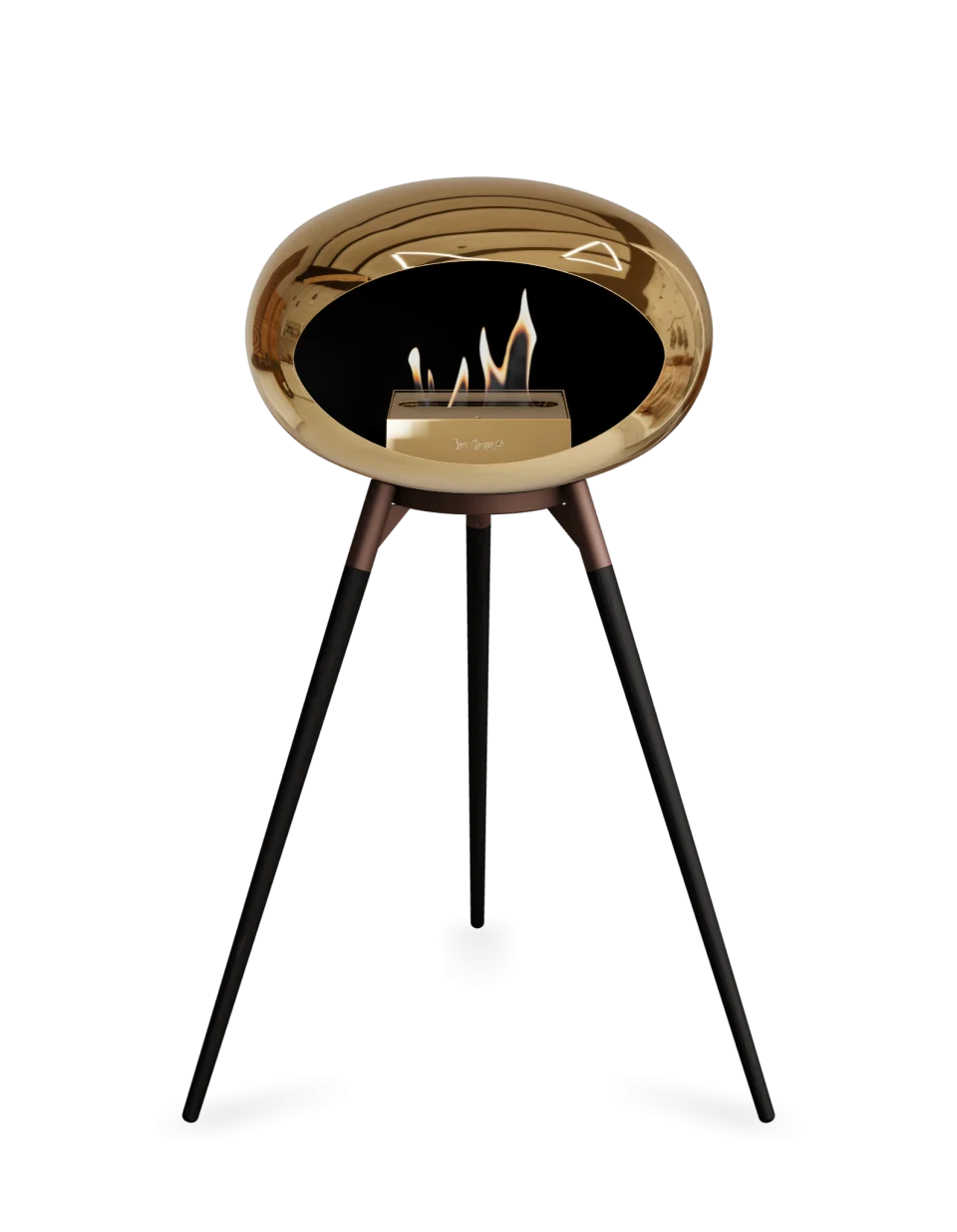 Stylish Le Feu Dome Ground High bioethanol fireplace in chromed rose on elegant tripod stand.