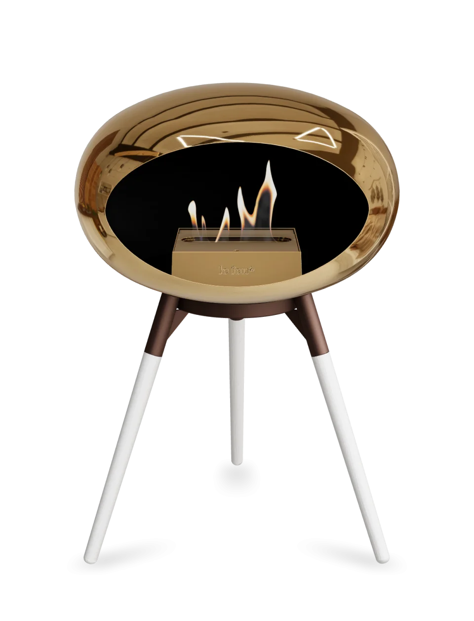 Le Feu Dome Ground Low bioethanol fireplace in chromed rose gold, a stylish and portable heating solution.