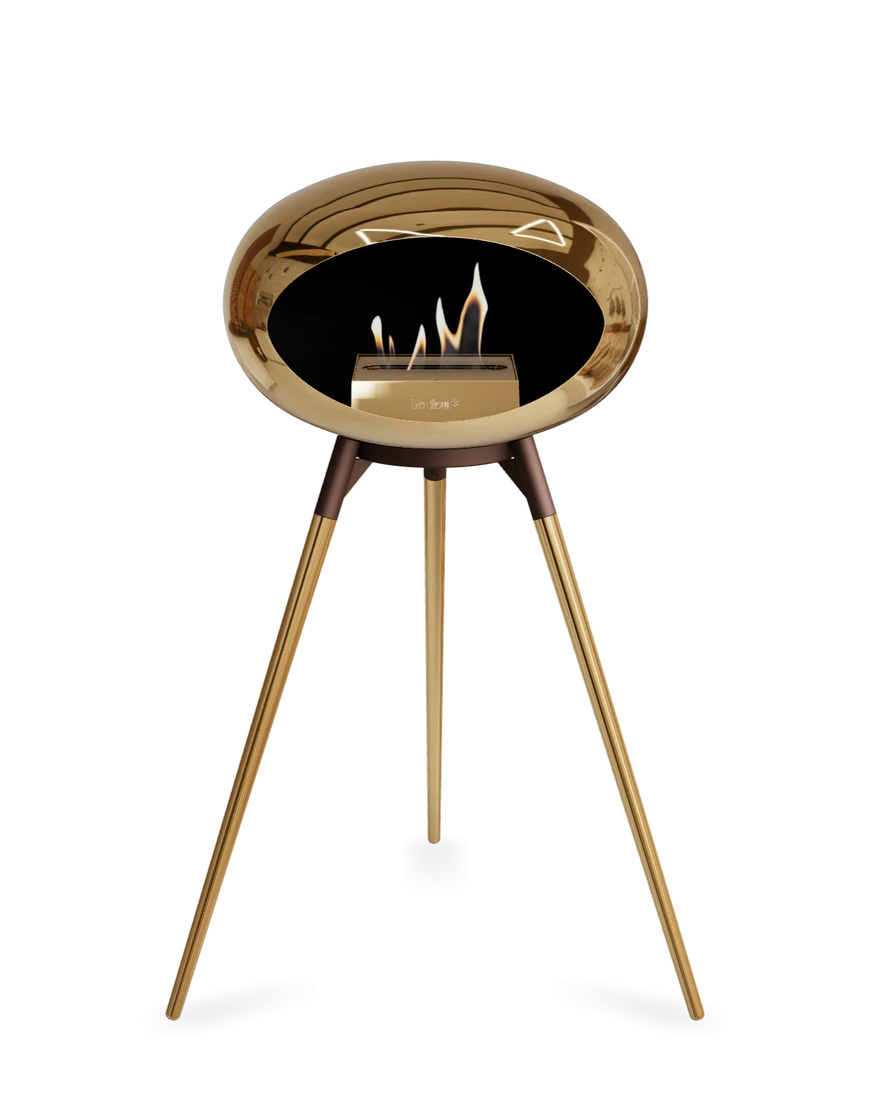 Freestanding bioethanol fireplace Le Feu Dome in chromed rose with modern design and visible flame.