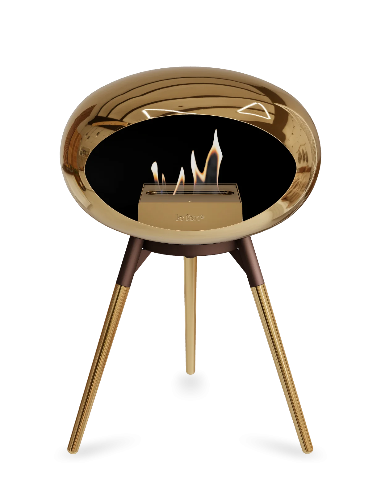 Stylish freestanding bioethanol fireplace in chromed rose gold, offering portable warmth and contemporary design.