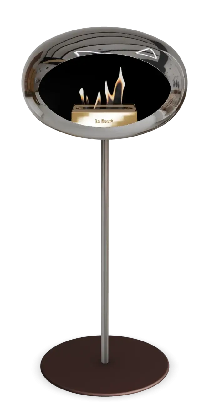 Freestanding Le Feu Dome bioethanol fireplace, high steel design in chromed silver, adding elegance to any room.