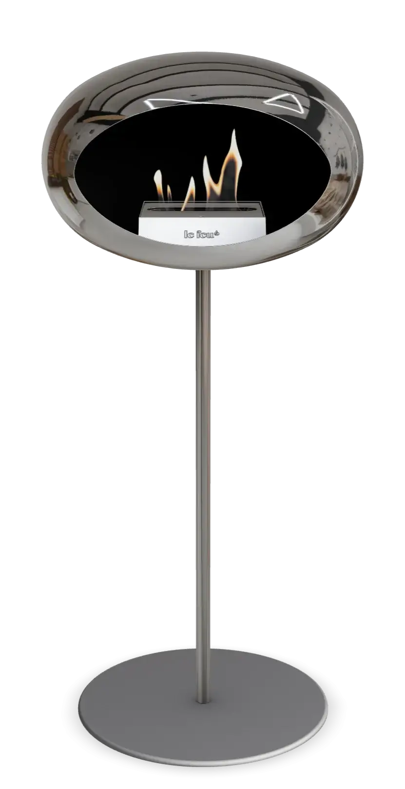 Freestanding Le Feu Dome Ground Bioethanol Fireplace in chromed silver with visible flames, ideal for modern decor.