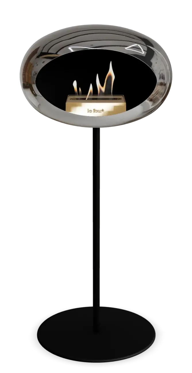 Le Feu Dome Ground High Steel bioethanol fireplace in chromed silver, providing warmth and modern style for any space.