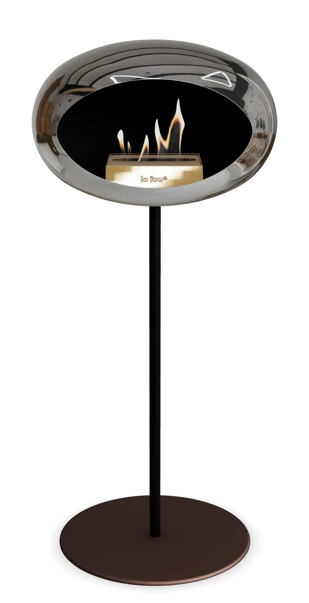 Freestanding Le Feu Dome Ground Bioethanol Fireplace in chromed silver with modern design and visible flames.