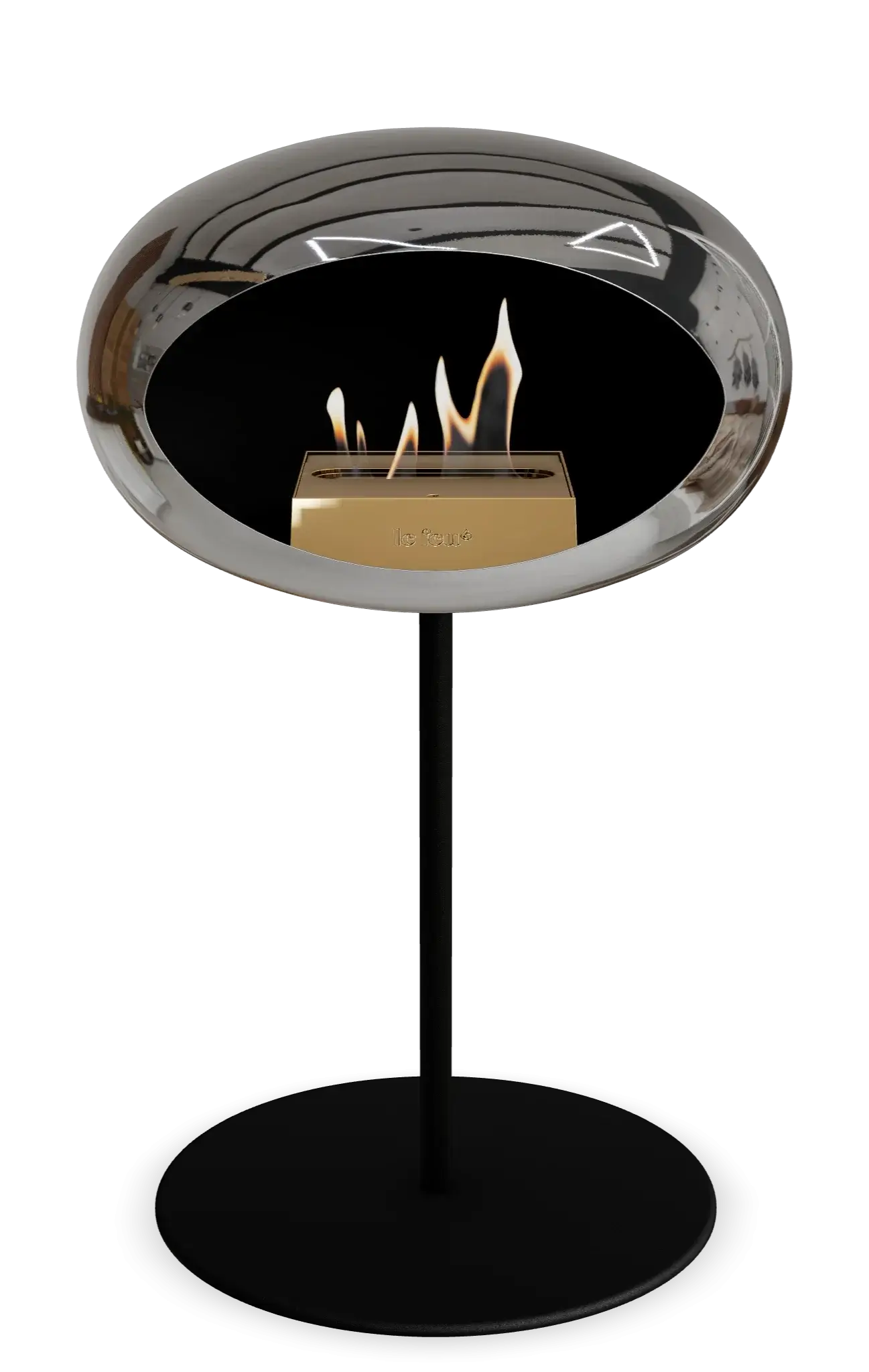 Freestanding Le Feu Dome Bioethanol Fireplace in chromed silver, modern design with flame for indoor and outdoor use.