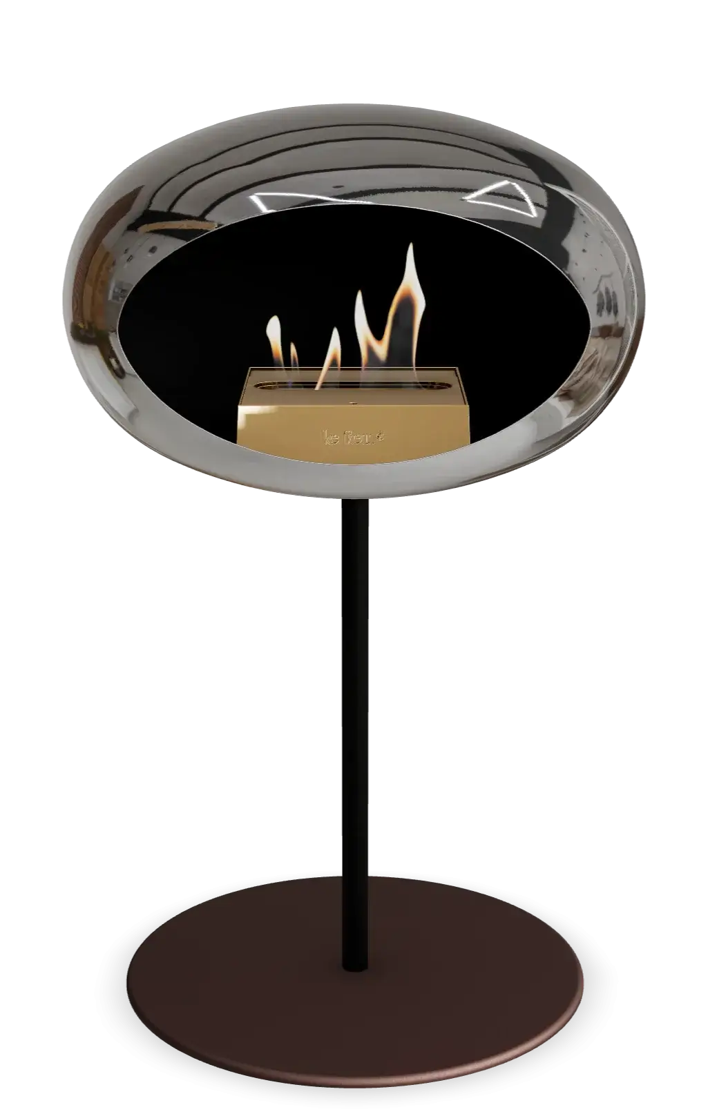 Freestanding bioethanol fireplace Le Feu Dome in chromed silver, stylish design for indoor and outdoor spaces.