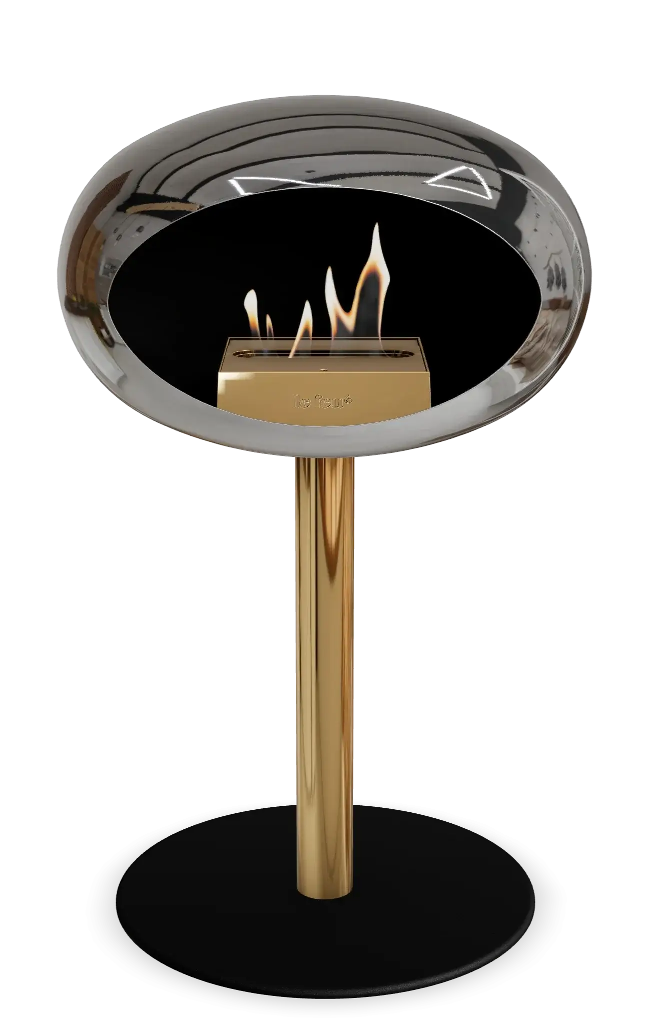 Stylish freestanding bioethanol fireplace with chromed silver finish and gold base, designed for modern living spaces.