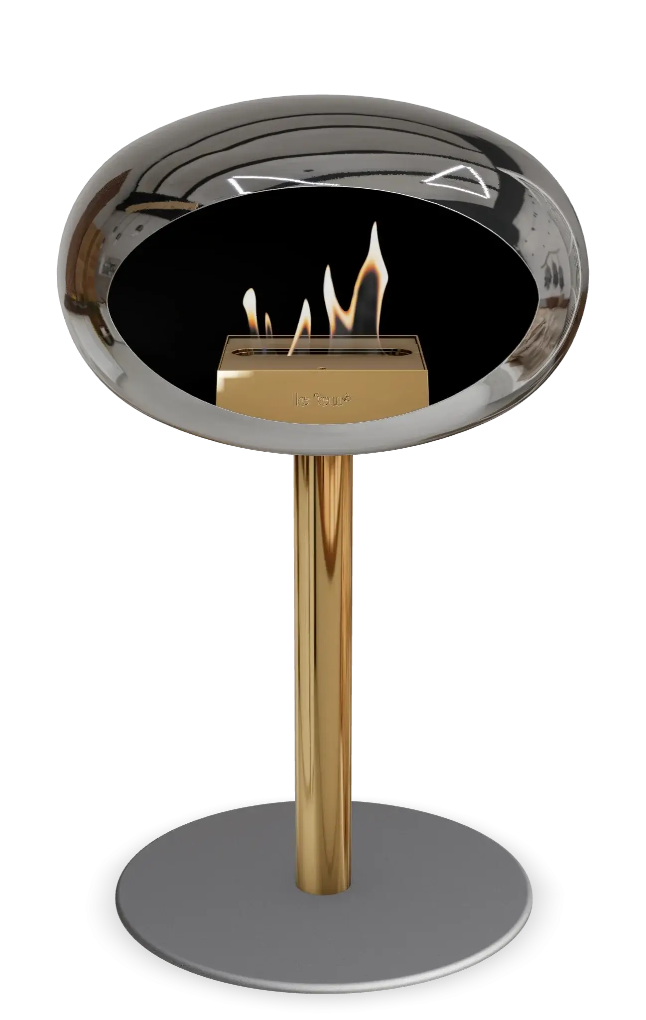 Stylish freestanding bioethanol fireplace with a chromed silver finish and golden base, burning clean fuel.