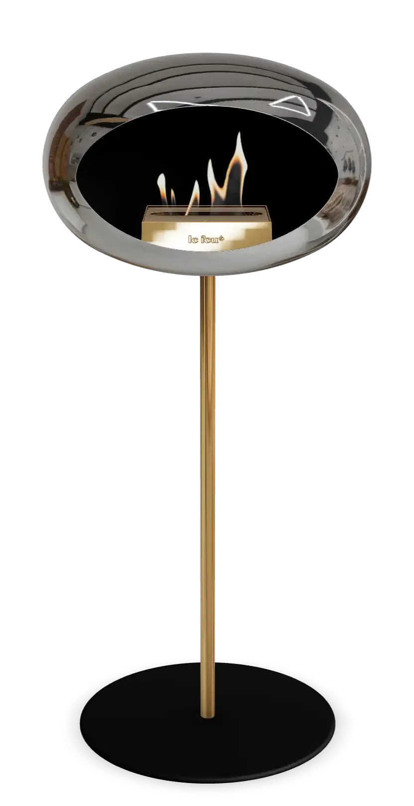 Freestanding bioethanol fireplace Le Feu Dome in chromed silver with flame, modern design for stylish interiors.