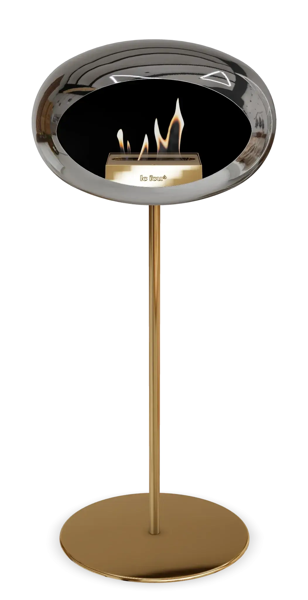 Freestanding chromed silver bioethanol fireplace by Le Feu Dome, modern and elegant design for any room.