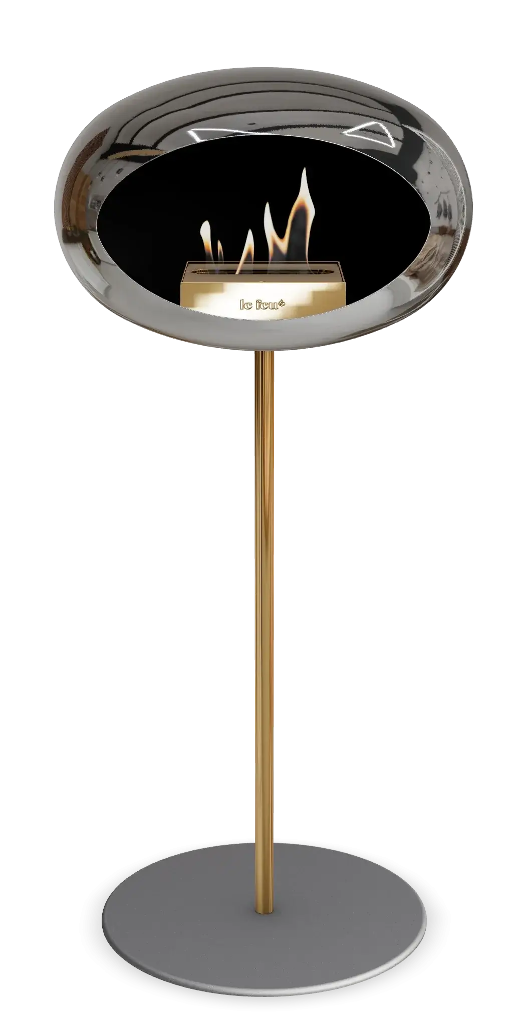 Freestanding Le Feu Dome Ground high steel bioethanol fireplace in chromed silver, showcasing modern design and cozy warmth.