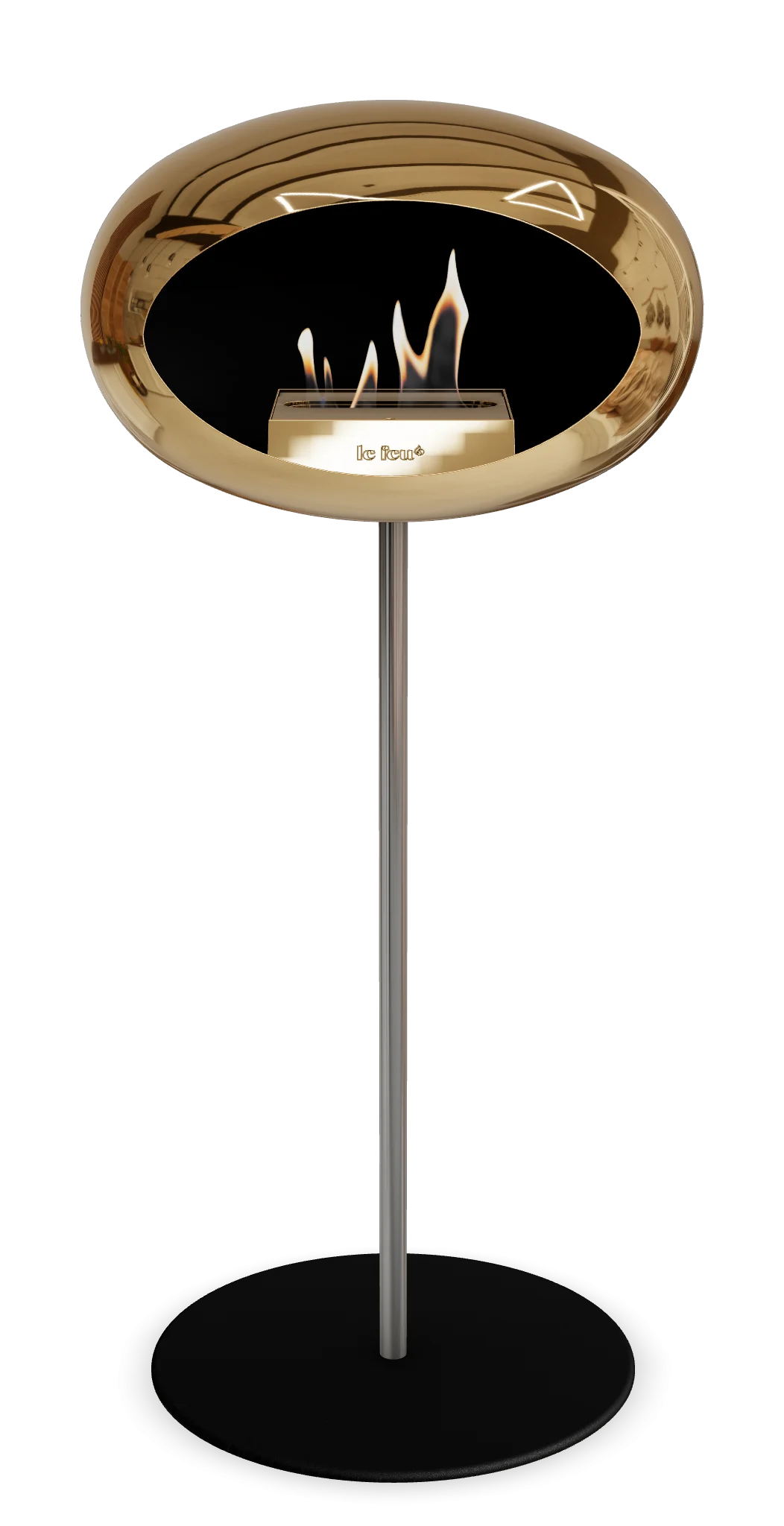 Le Feu Dome Ground High Steel bioethanol fireplace in chromed rose gold, featuring modern design and elegant simplicity.