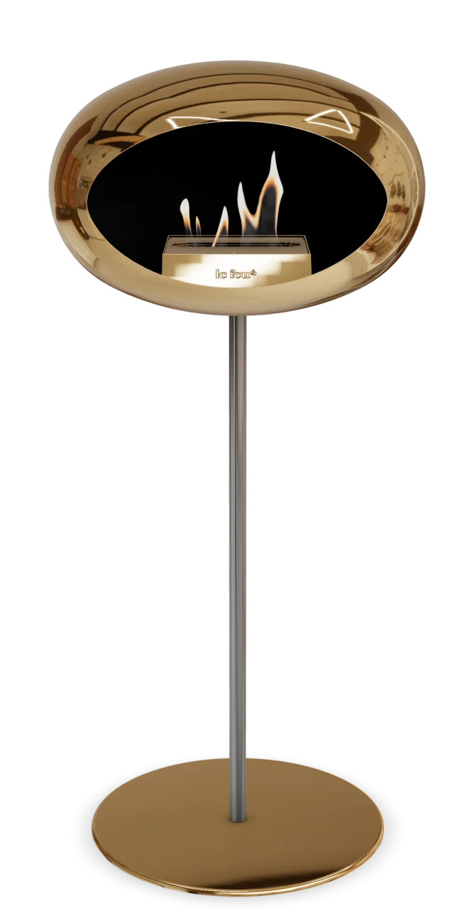 Freestanding Le Feu Dome high steel bioethanol fireplace in chromed rose gold, modern elegant design for any space.