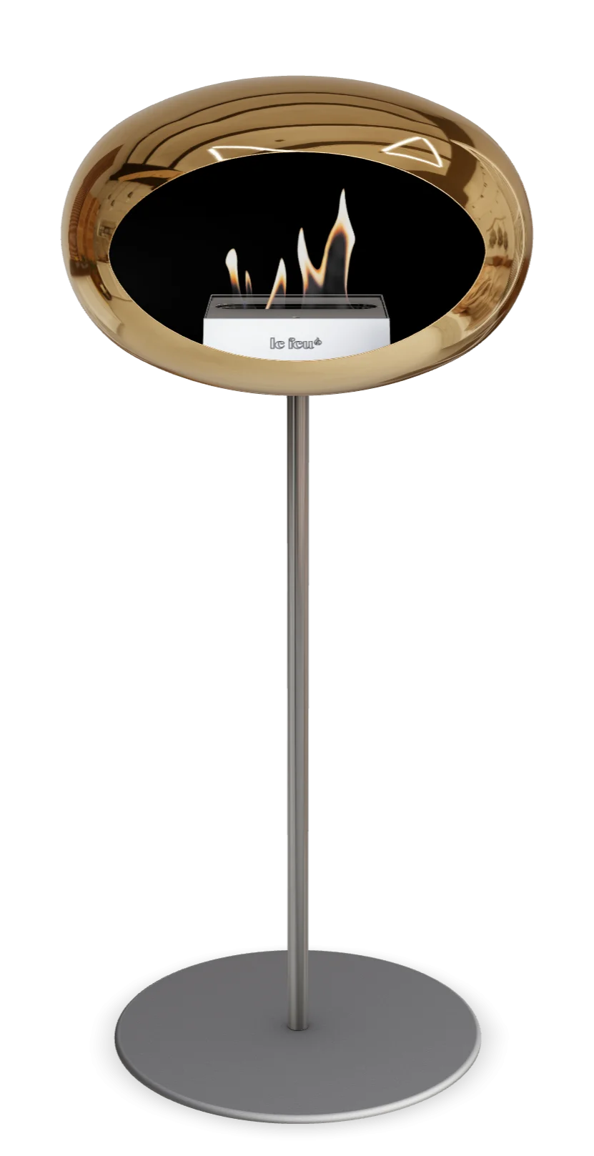 Freestanding Le Feu Dome bioethanol fireplace in chromed rose gold with flames, modern design for stylish interiors.