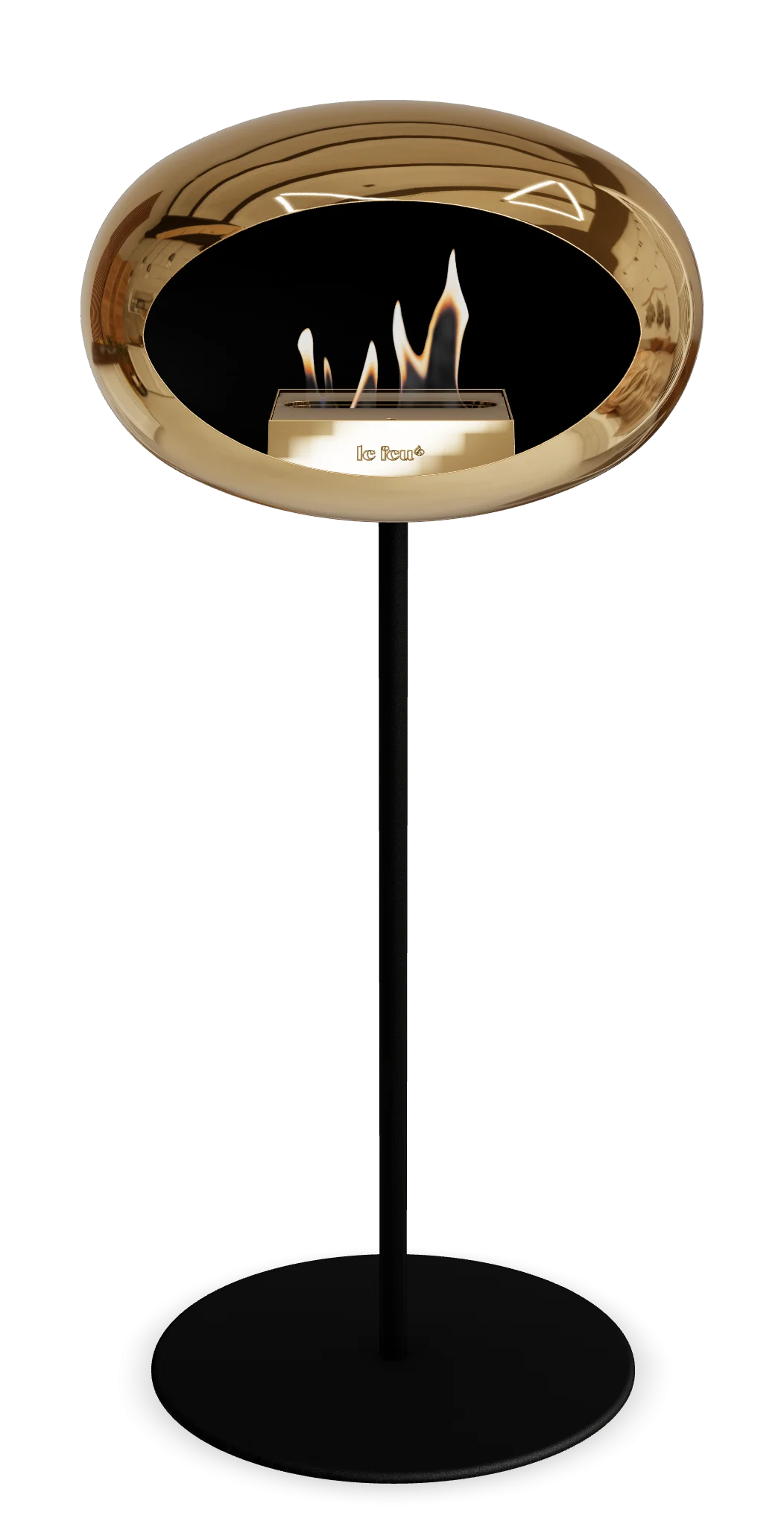 Freestanding Bioethanol Fireplace in chromed rose gold with black stand, offering modern aesthetic and warmth.