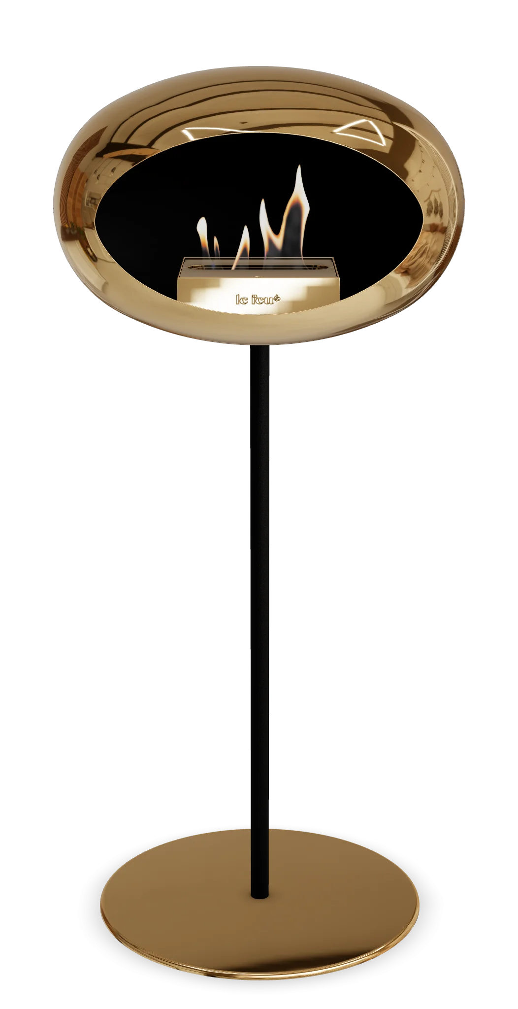 Freestanding bioethanol fireplace in chromed rose gold with modern design and cozy flames.