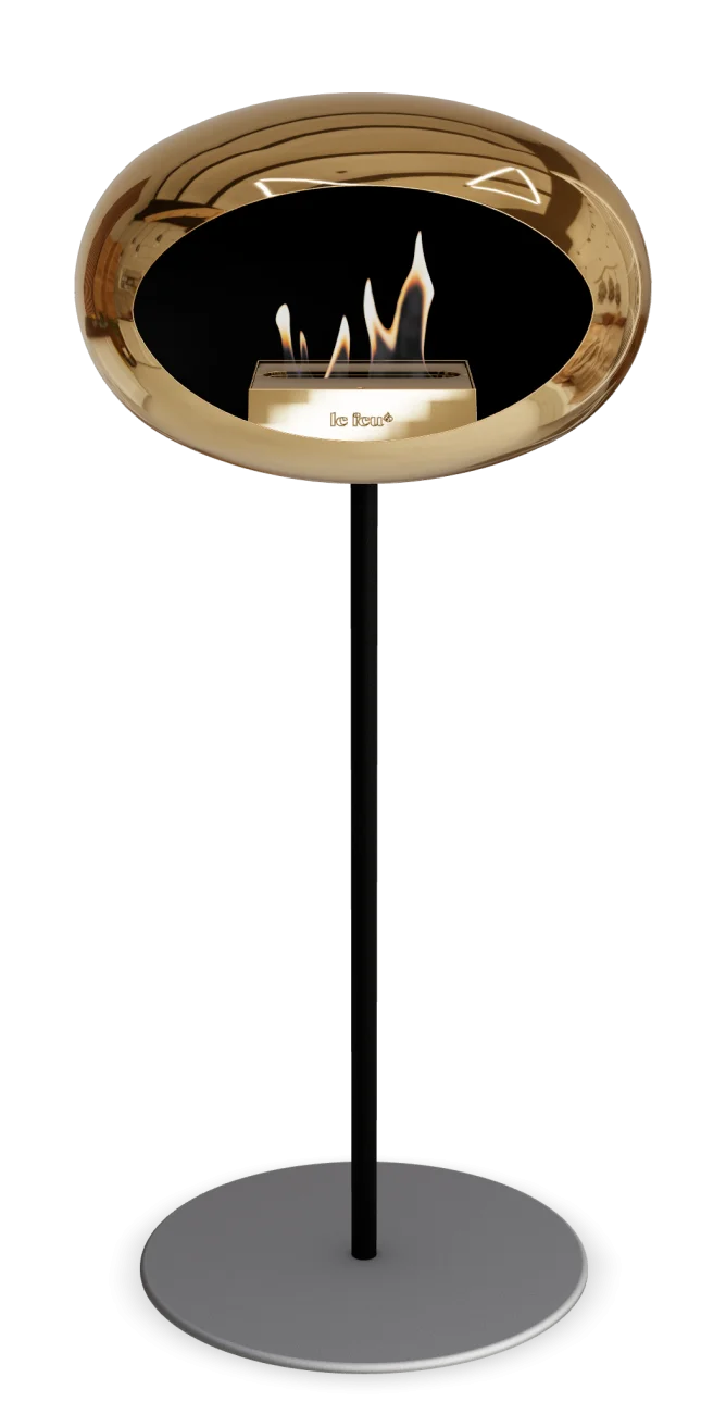 Freestanding Bioethanol Fireplace Le Feu Dome in Chromed Rose Gold with modern design and eco-friendly features.