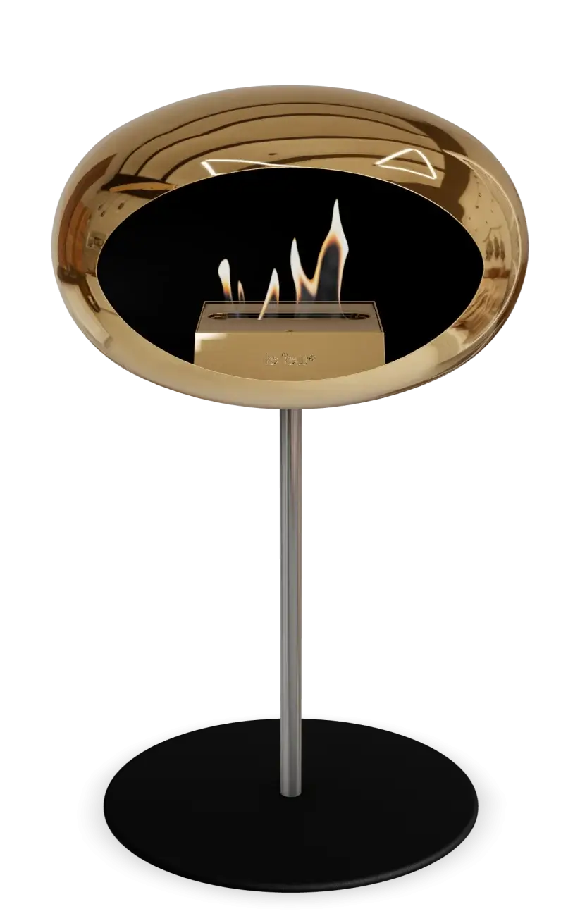 Freestanding bioethanol fireplace in chromed rose gold, stylish and eco-friendly design for indoor and outdoor spaces.