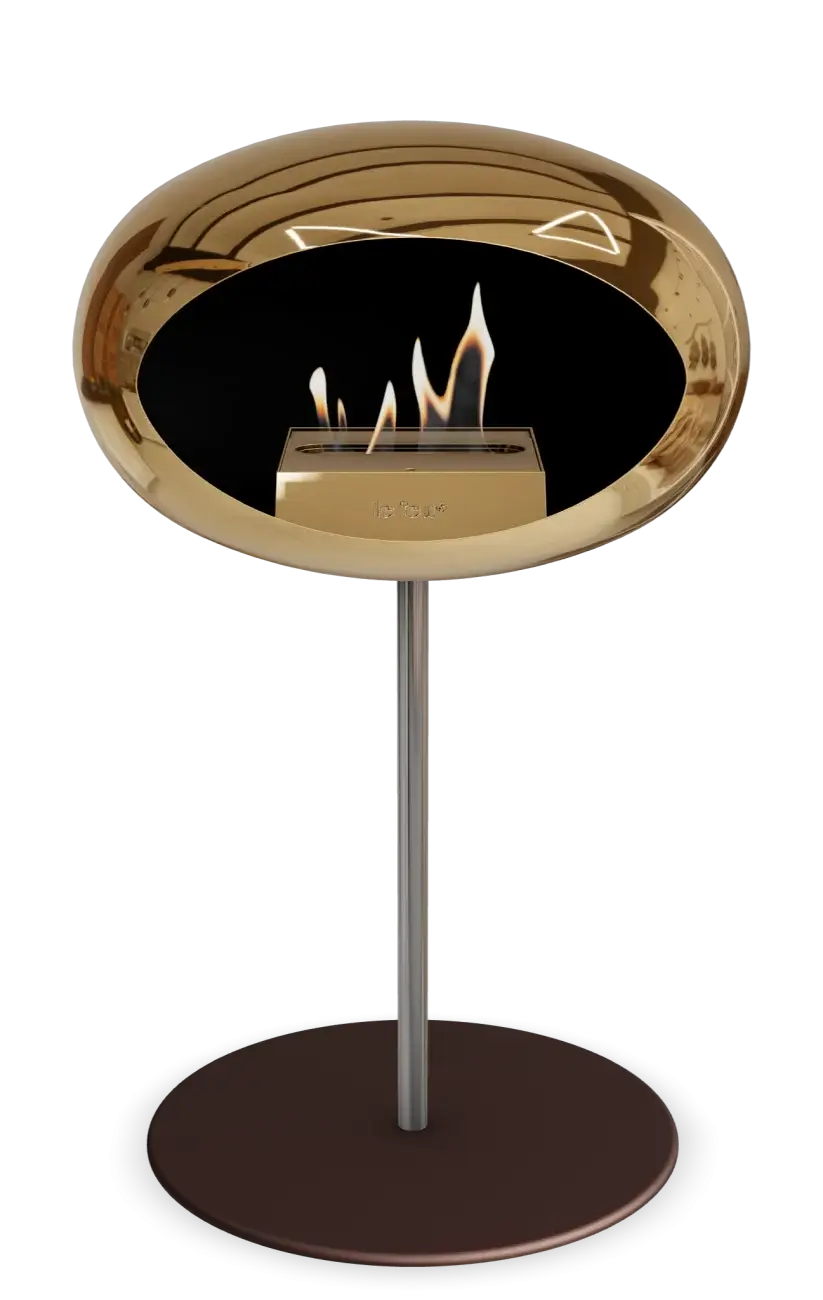 Freestanding Le Feu Dome Bioethanol Fireplace in Chromed Rose Gold finish, stylish and eco-friendly design.