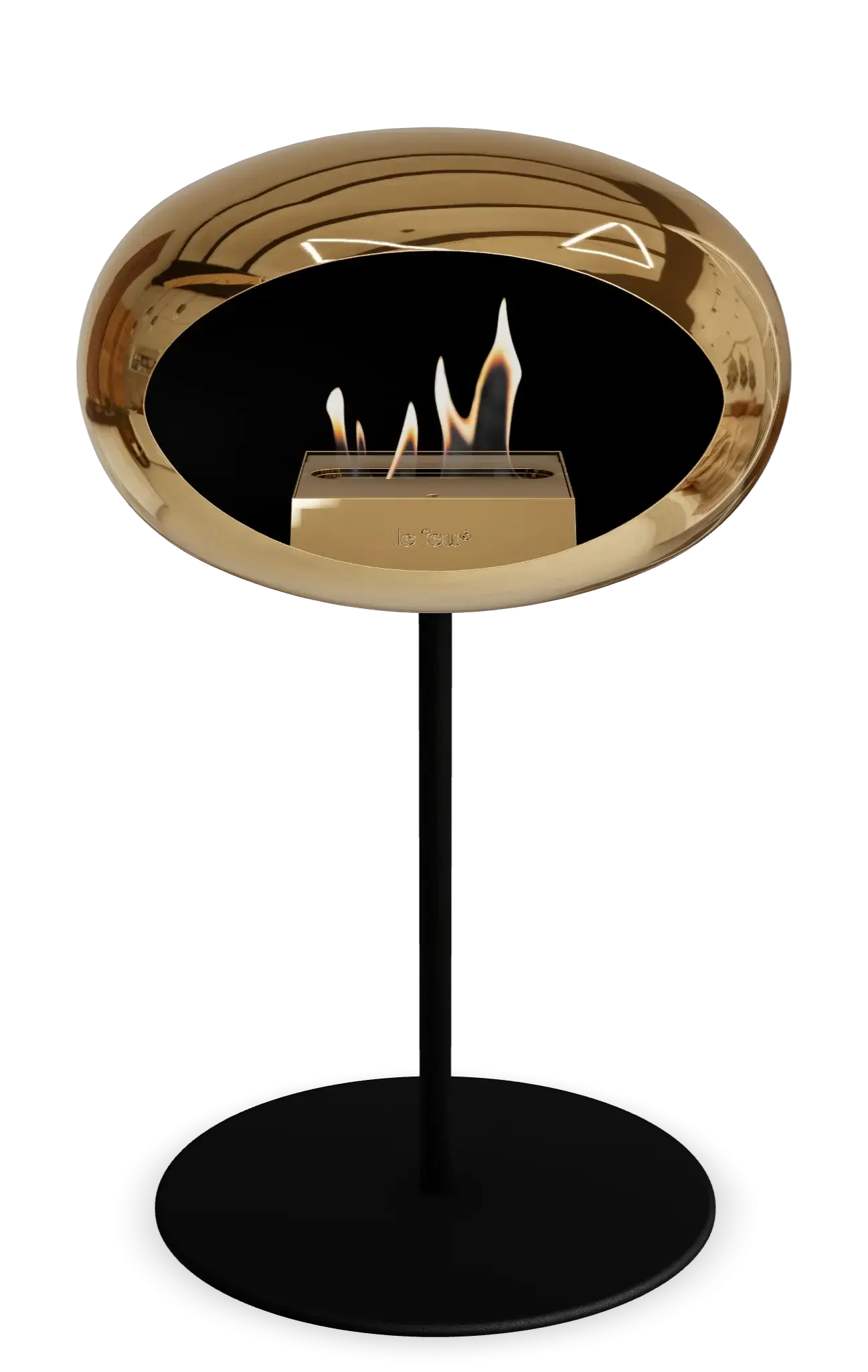 Freestanding Le Feu Dome Bioethanol Fireplace in chromed rose gold design for modern indoor and outdoor heating.