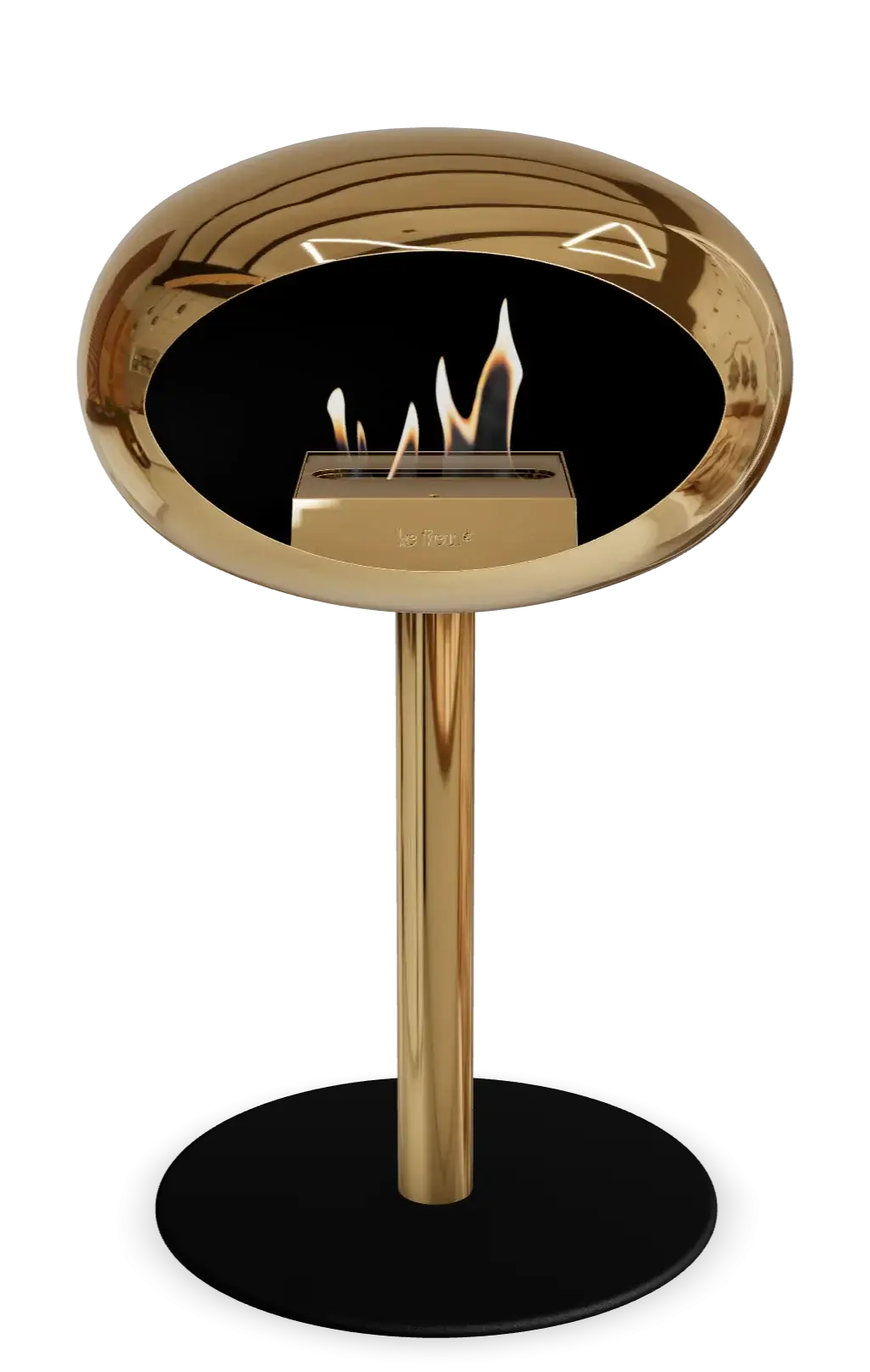 Freestanding bioethanol fireplace in chromed rose gold design by Le Feu, ideal for stylish indoor and outdoor spaces.