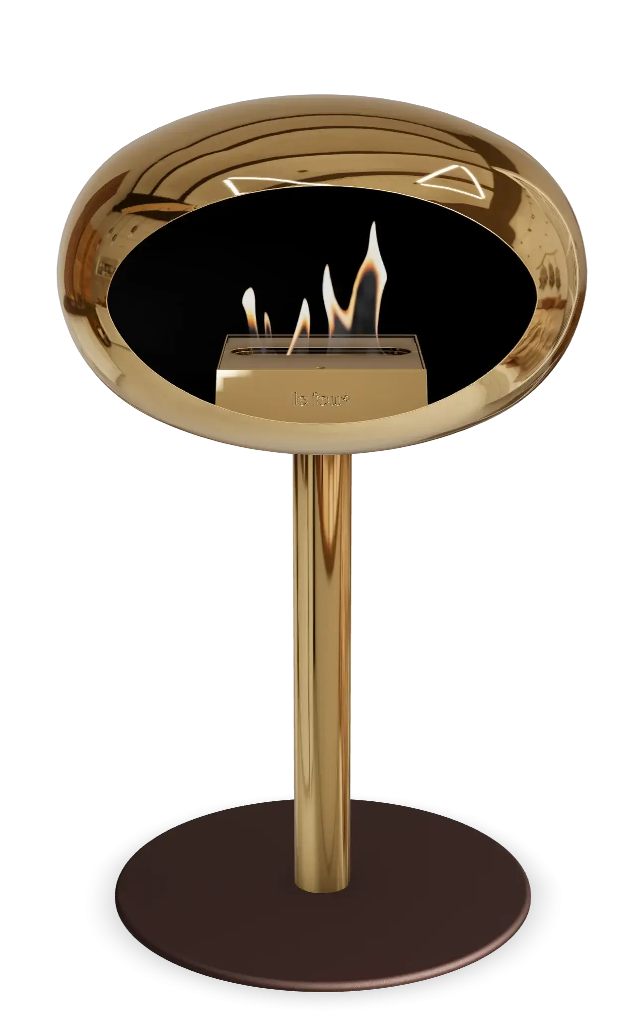 Freestanding bioethanol fireplace in chromed rose gold, featuring a modern design and elegant flame display.