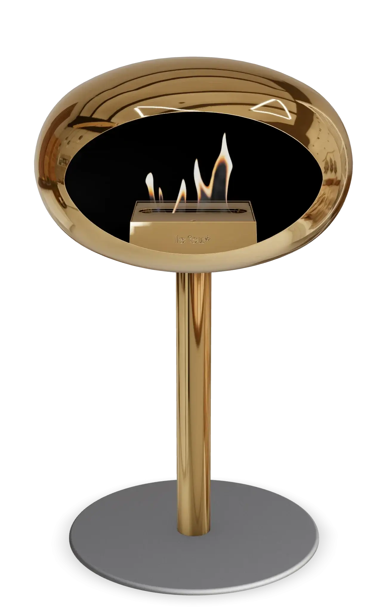 Freestanding Le Feu Dome Bioethanol Fireplace in Chromed Rose Gold for modern indoor/outdoor spaces.