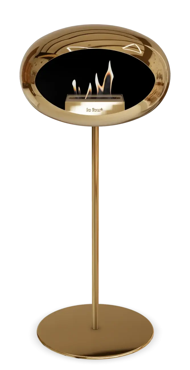 Freestanding bioethanol fireplace in chromed rose gold, modern and elegant design, perfect for any room.