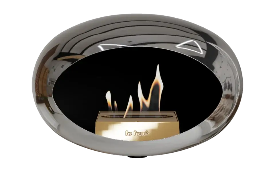Le Feu Dome Wall Bio Ethanol Fireplace in chromed silver, showcasing vibrant flames and sleek design.