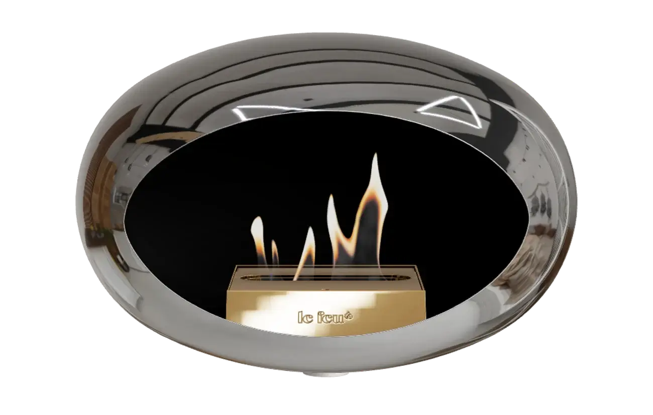 Le Feu Dome Wall Bio Ethanol Fireplace in Chromed Silver, featuring elegant flames and a modern design.
