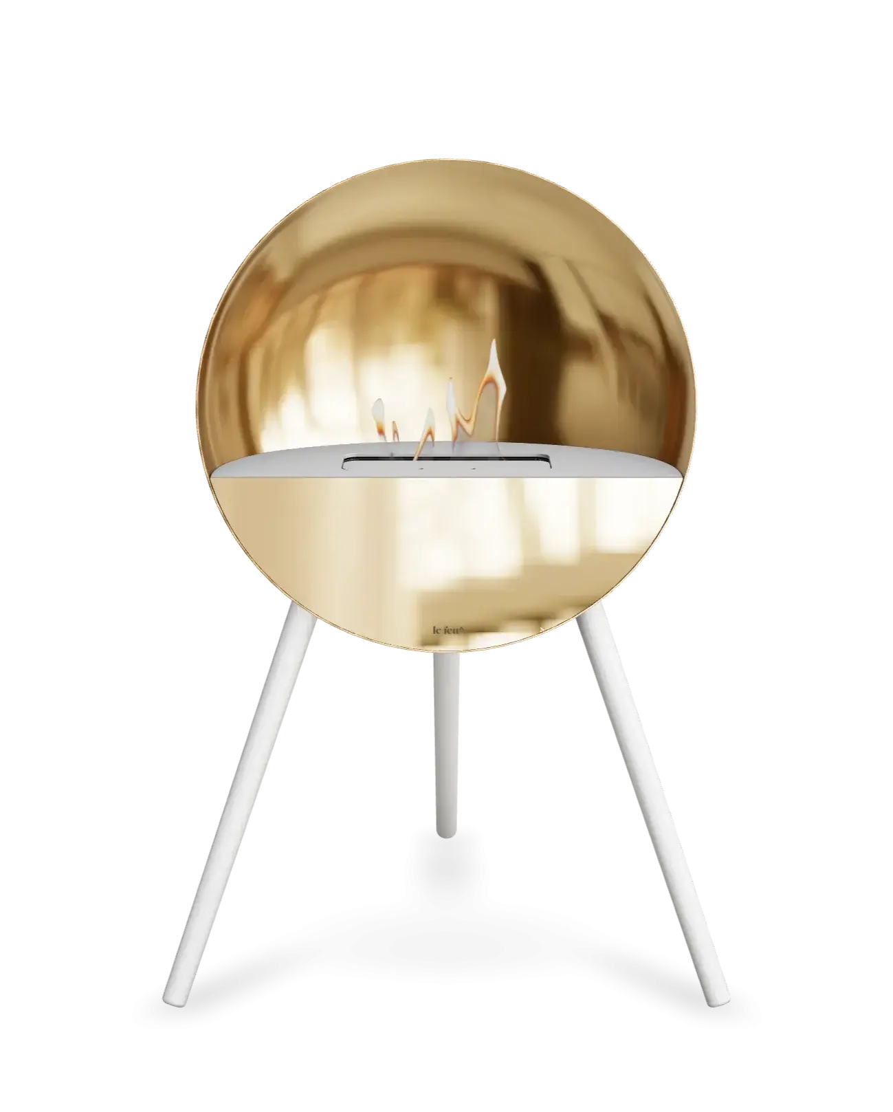 Freestanding bioethanol fireplace Le Feu Eye in rose gold with white legs and flames, perfect for home ambiance.