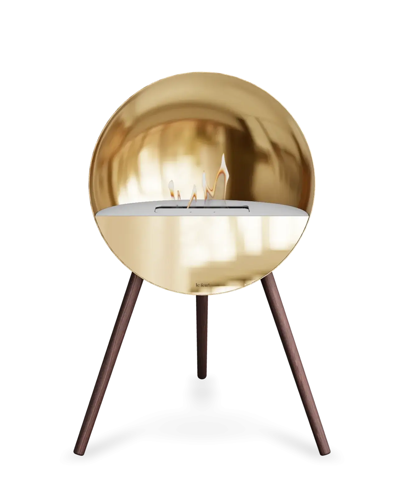 Le Feu Eye freestanding bioethanol fireplace in rose gold, showcasing elegant design and warm flames.