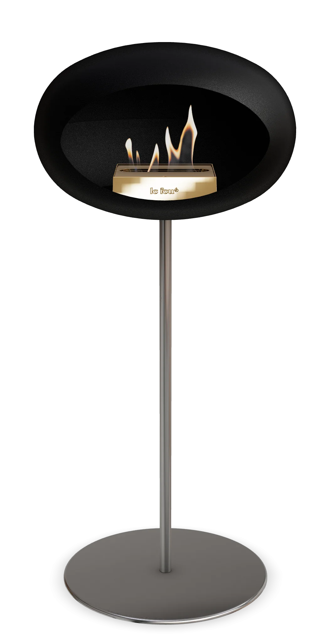 Freestanding Le Feu Dome bioethanol fireplace in black with modern design and efficient heating solution.