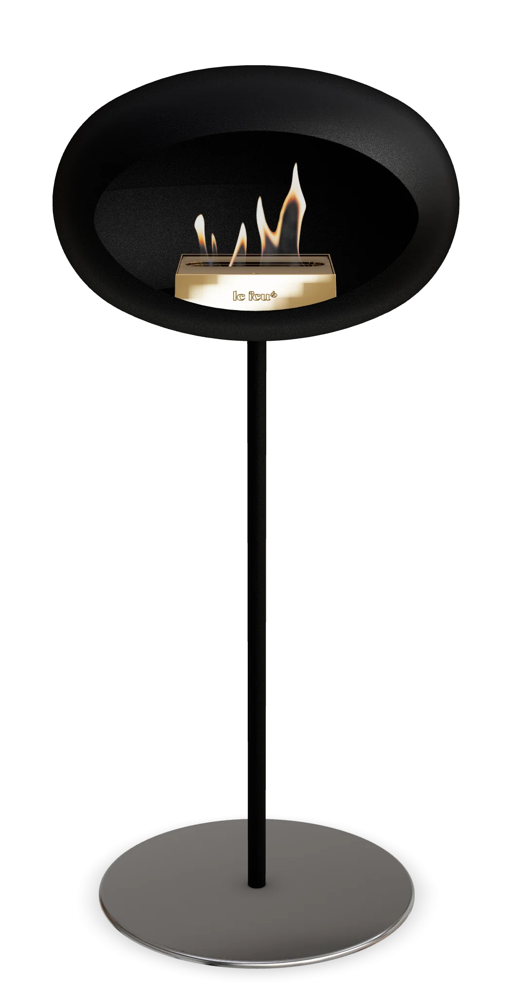 Freestanding Le Feu Dome high steel bioethanol fireplace in black design for indoor and outdoor use.