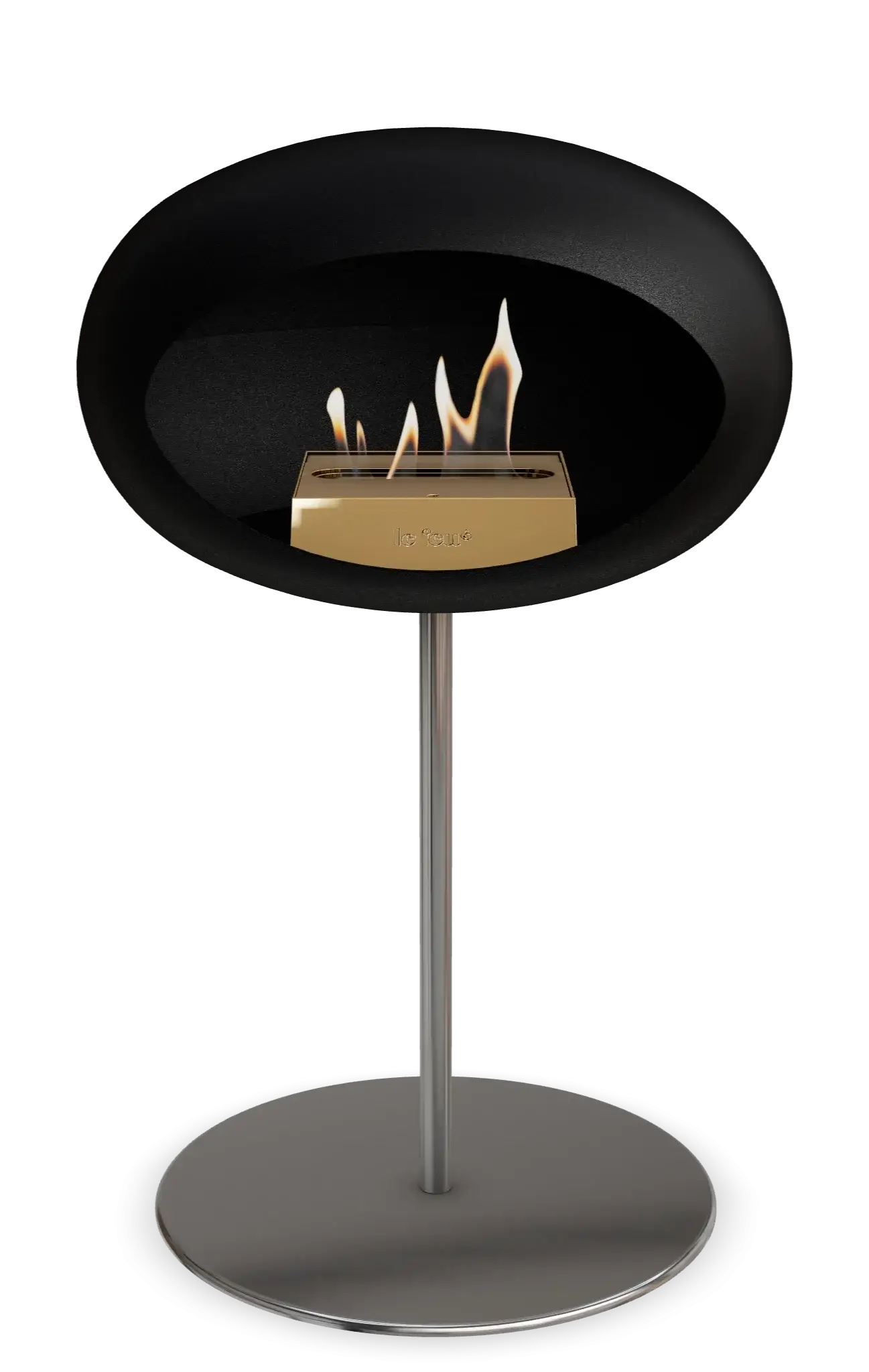 Freestanding black bioethanol fireplace Le Feu Dome with stylish design and flames, perfect for indoor and outdoor spaces.