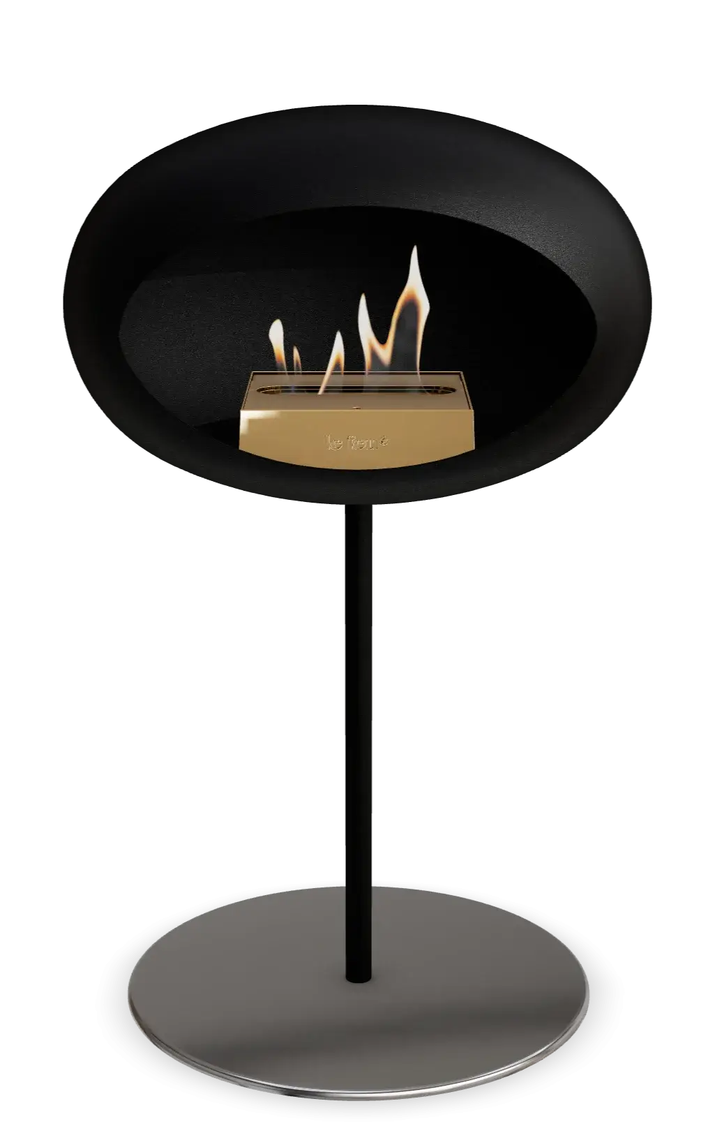 Freestanding Le Feu Dome bioethanol fireplace in black steel with flame, ideal for indoor and outdoor spaces.