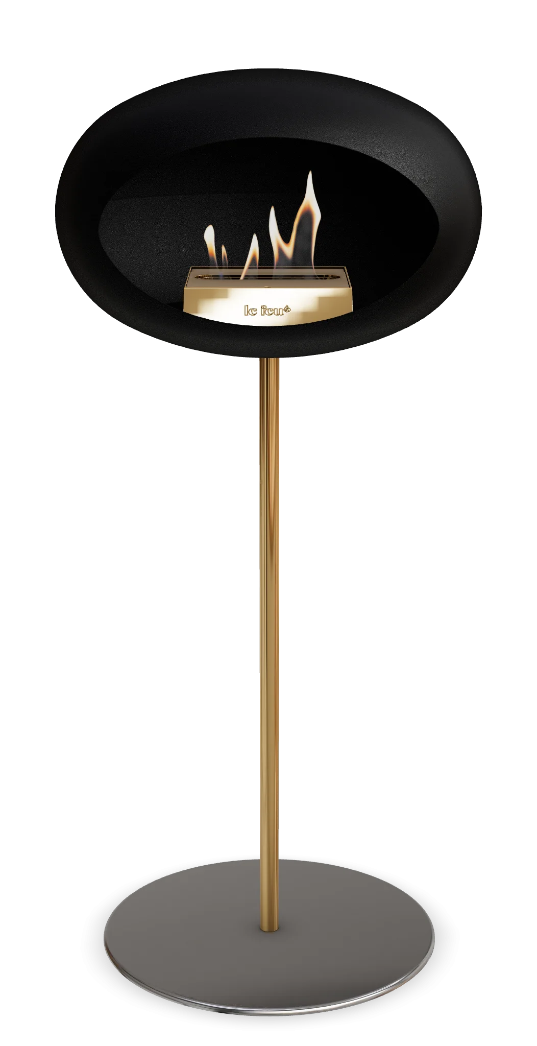 Le Feu Dome Ground High Steel bioethanol fireplace in black with stylish gold base for indoor and outdoor use.