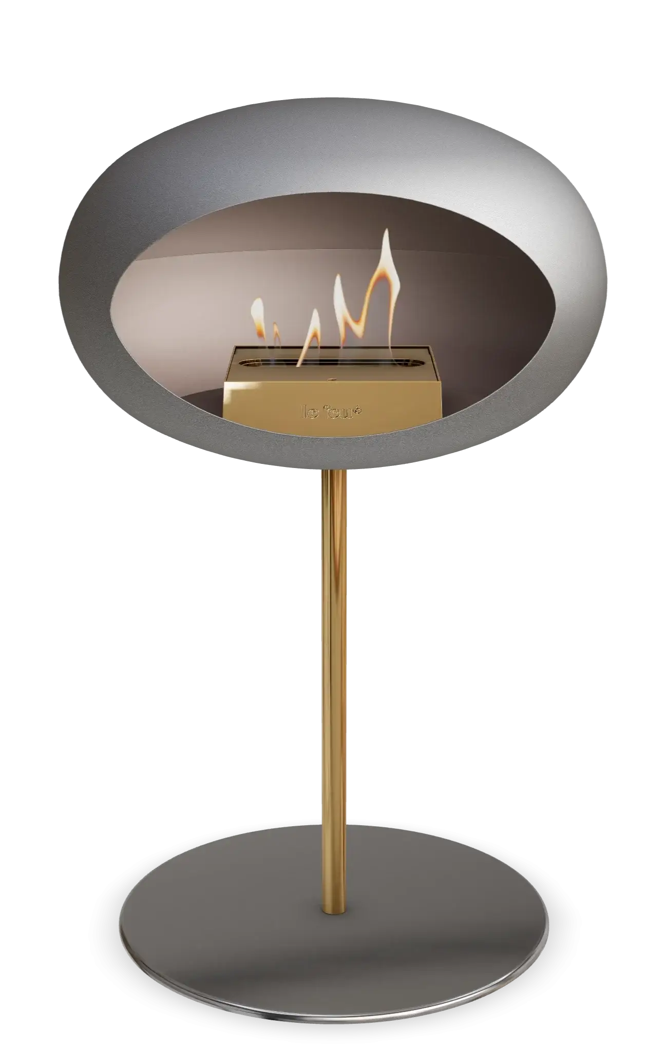 Freestanding bioethanol fireplace Le Feu Dome in low steel and nickel with flame, stylish and eco-friendly design.