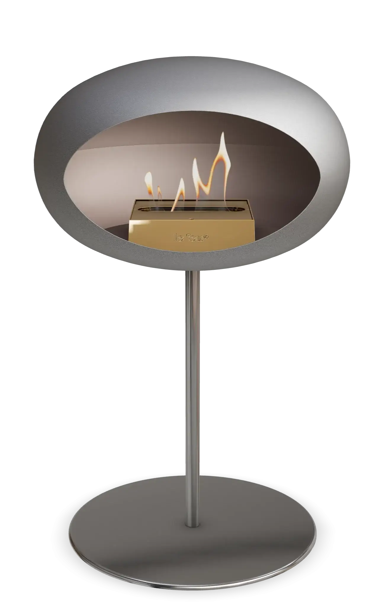 Freestanding Le Feu Dome Low Steel bioethanol fireplace with elegant design and flame.