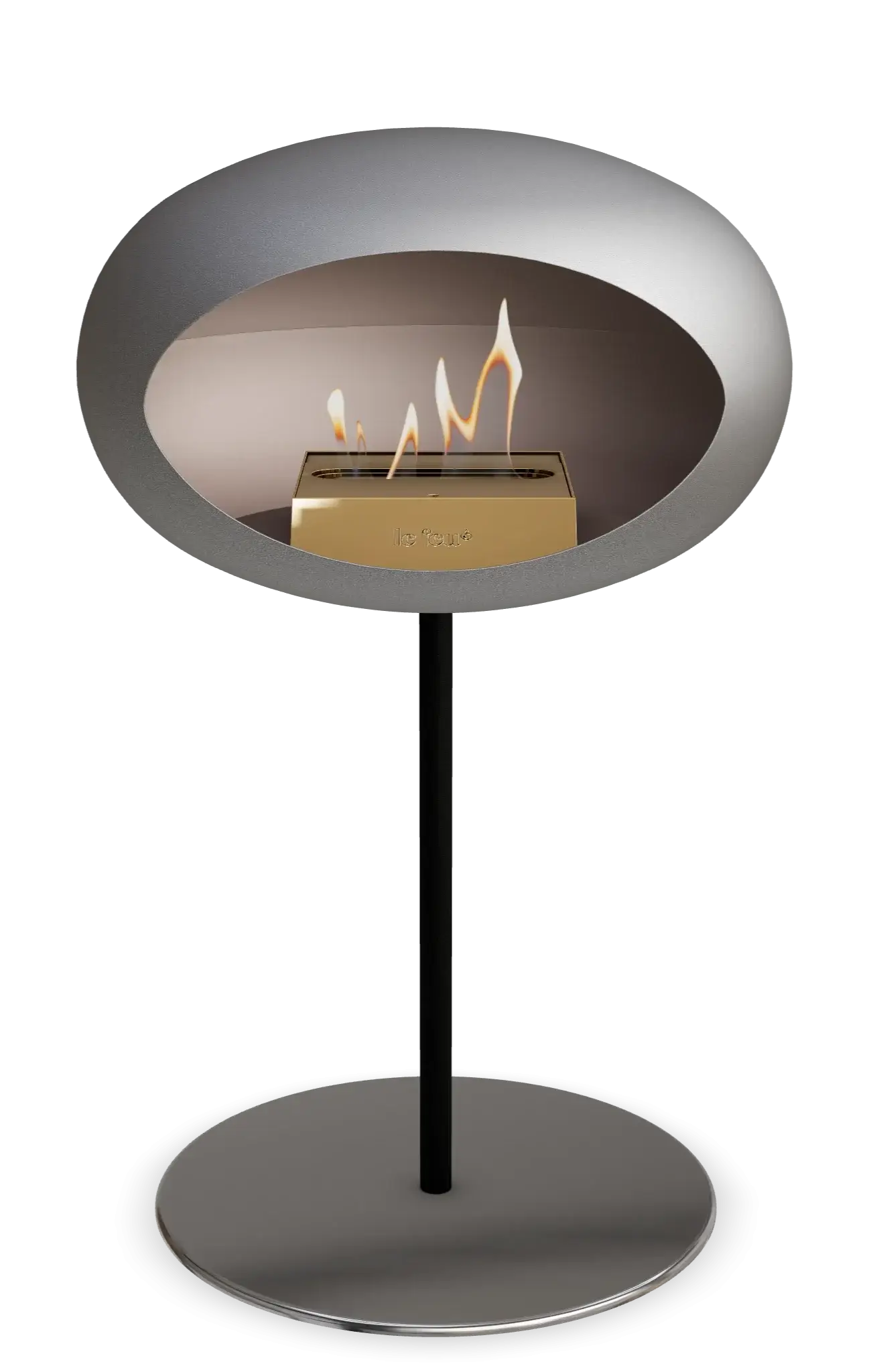 Stylish Le Feu Dome Ground Low Steel bioethanol fireplace with flames, perfect for indoor and outdoor living spaces.