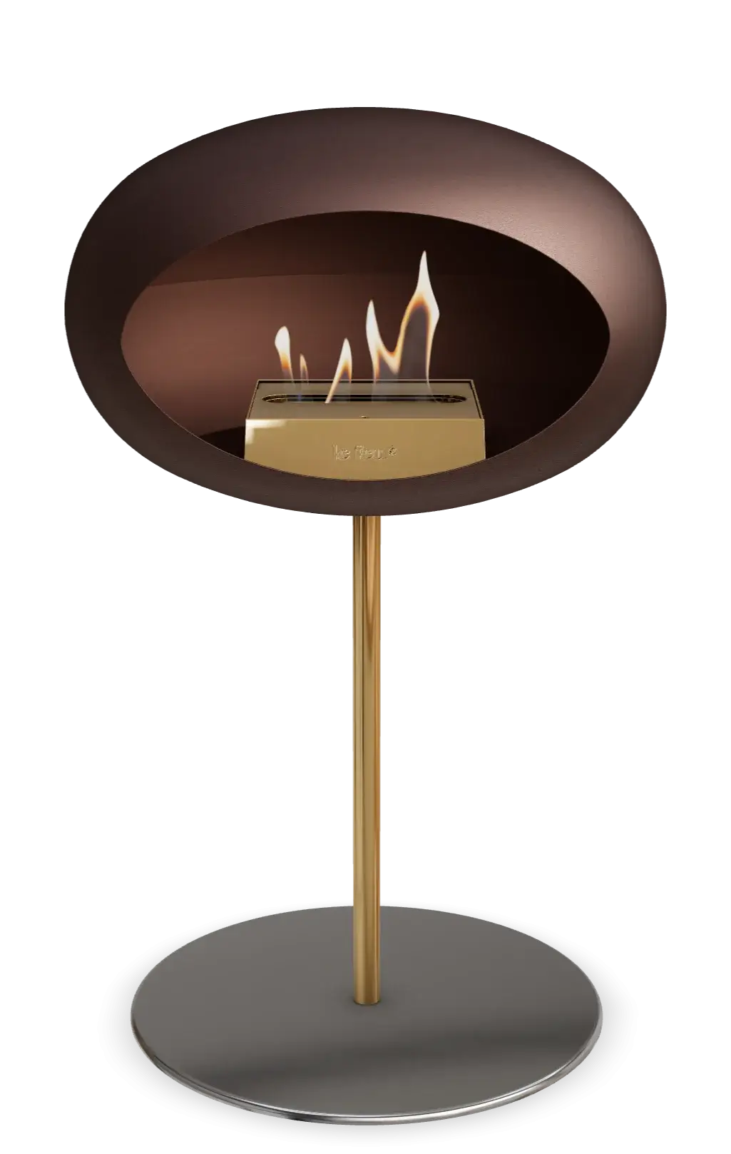Freestanding bioethanol fireplace Le Feu Dome in mocca, modern design, perfect for indoor and outdoor spaces.