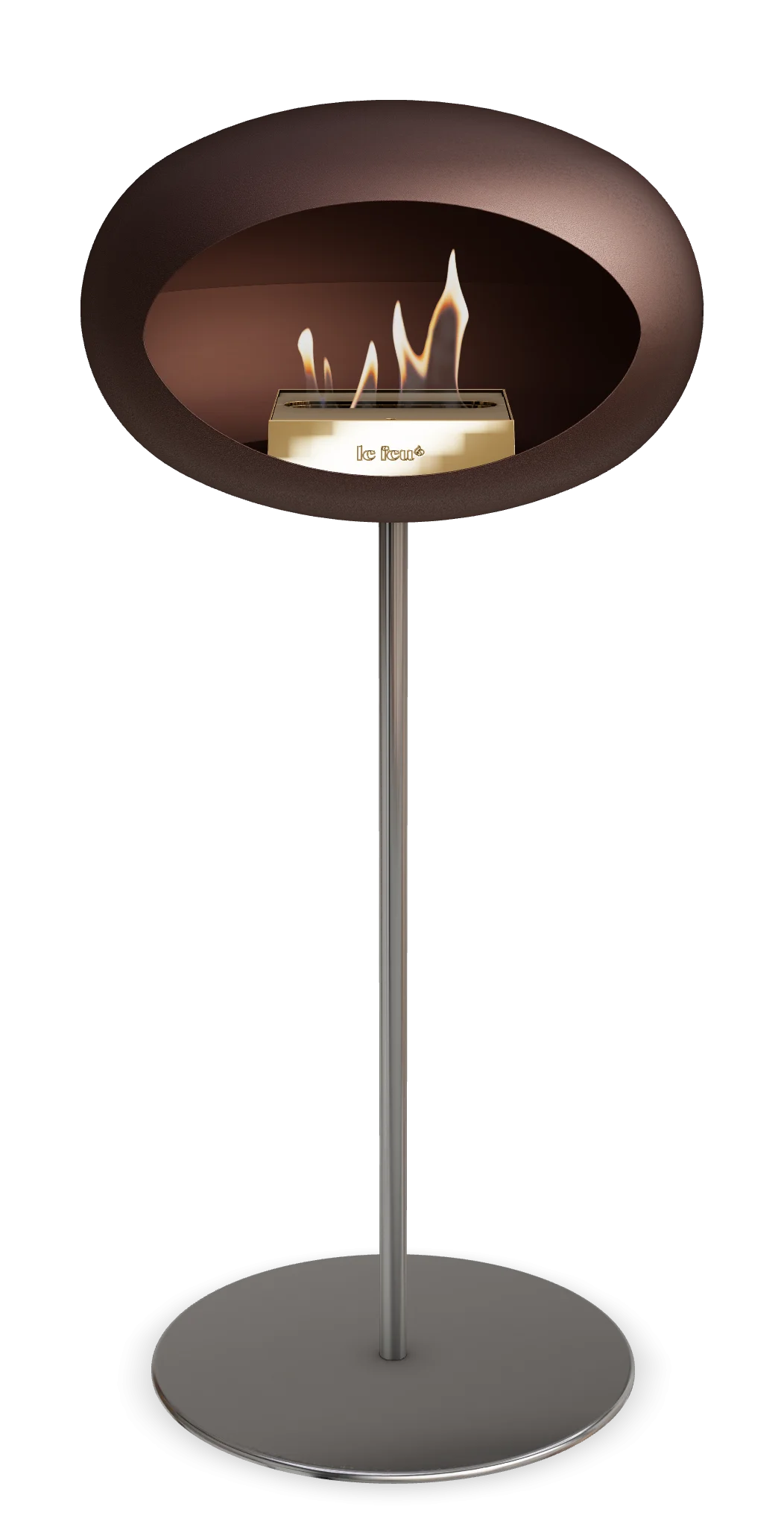 Freestanding moffa bioethanol fireplace by Le Feu Dome, modern design with elegant flame and steel base.