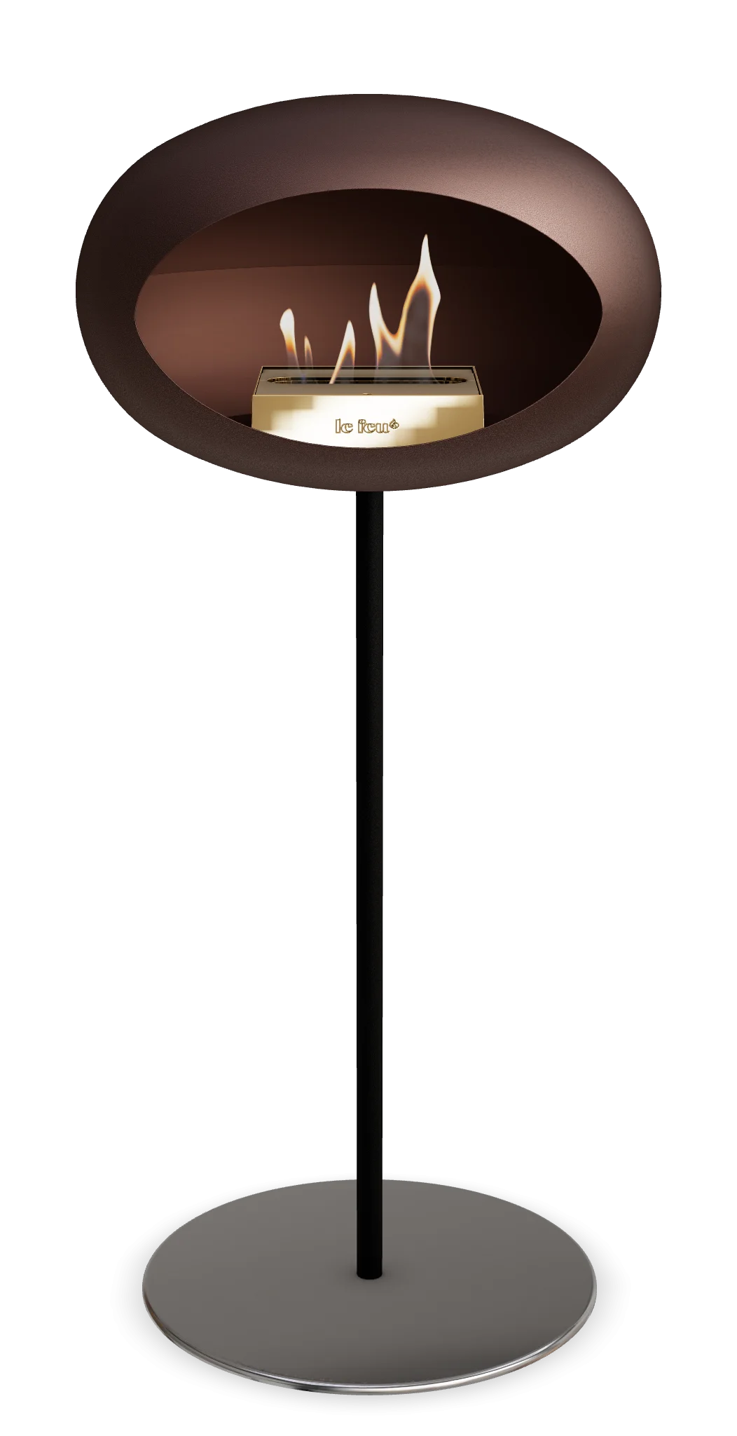 Freestanding Le Feu Dome high steel bioethanol fireplace in Mocca, offering modern aesthetics and cozy warmth.